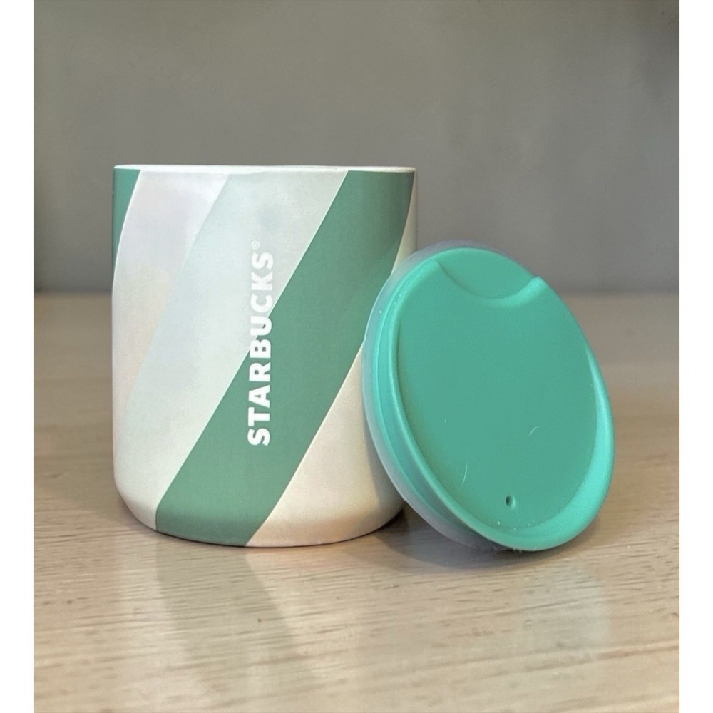 STARBUCKS Holiday 2022 Ceramic Travel Tumbler Green Striped w/ Plastic Lid 8 oz